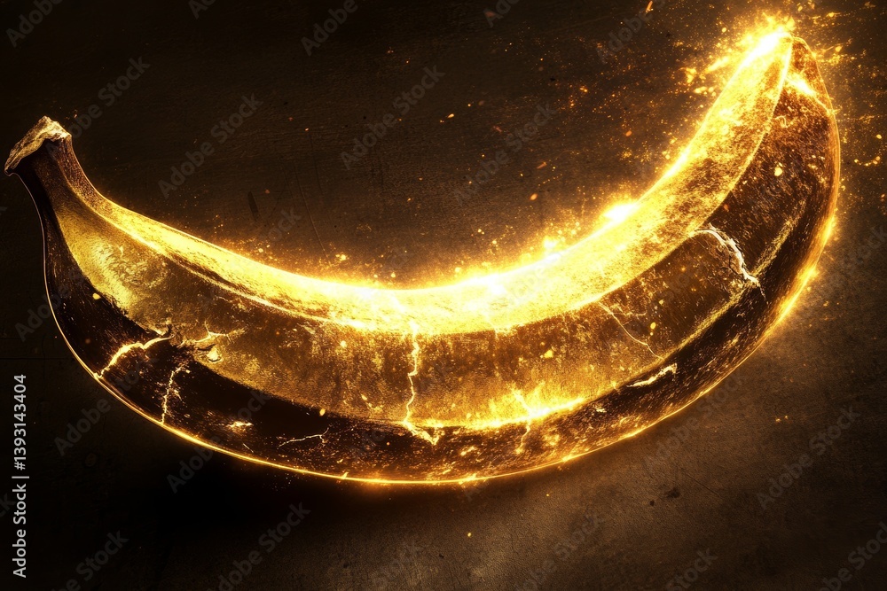 Golden banana with a cracked surface revealing glowing light inside