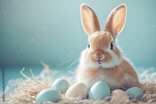 Cute Bunny in a Nest Surrounded by Colorful Eggs for Spring Celebration Activ...