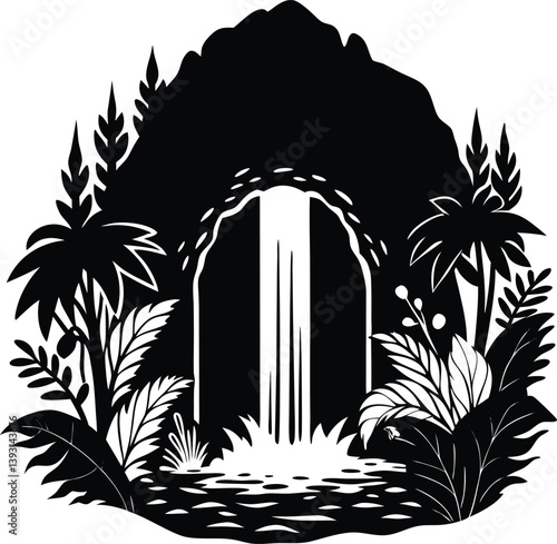 Secret Waterfall Cave Black Silhouette Vector | Nature, Adventure & Hidden Mysteries Clipart