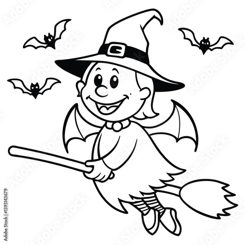 Cute cartoon Halloween witch character flying on a magic broom with a hat coloring page