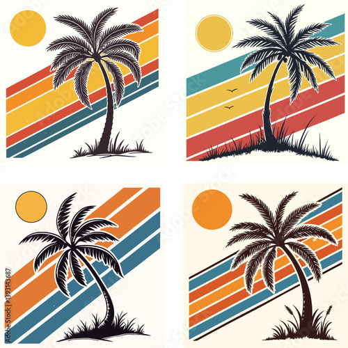 A palm tree silhouette on retro stripes with a sun background