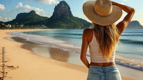Serene Beachscape: Woman Gazing at Ocean and Mountains