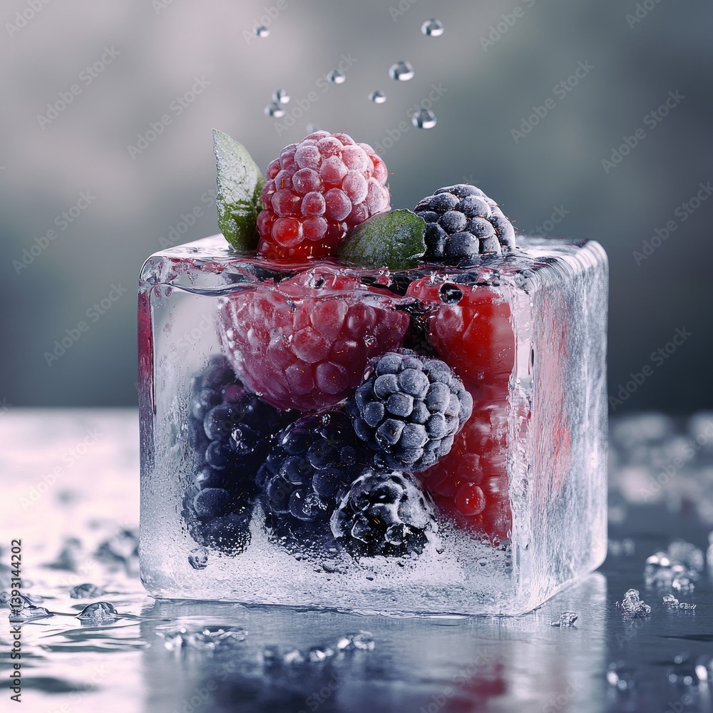 Ice cube with frozen berries inside, melting and dripping water