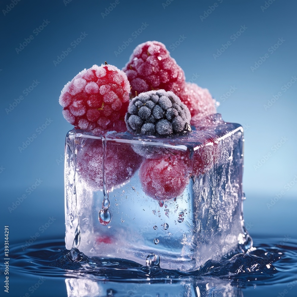 Ice cube with frozen berries inside, melting and dripping water