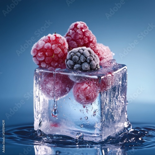 Ice cube with frozen berries inside, melting and dripping water
