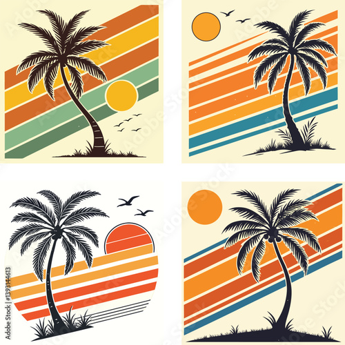 A palm tree silhouette on retro stripes with a sun background