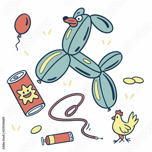 Balloon animal with funny prank tools around it