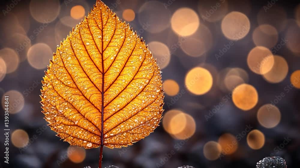 Autumnal Leaf Macro Photography: Dew-Kissed Leaf with Bokeh Background Autumnal Leaf Macro Photography: Dew-Kissed Leaf with Bokeh Background