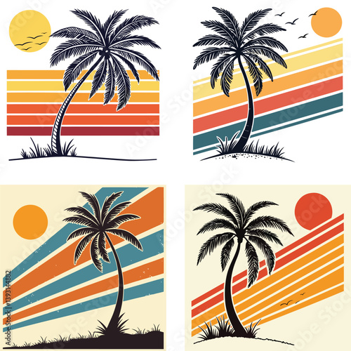A palm tree silhouette on retro stripes with a sun background