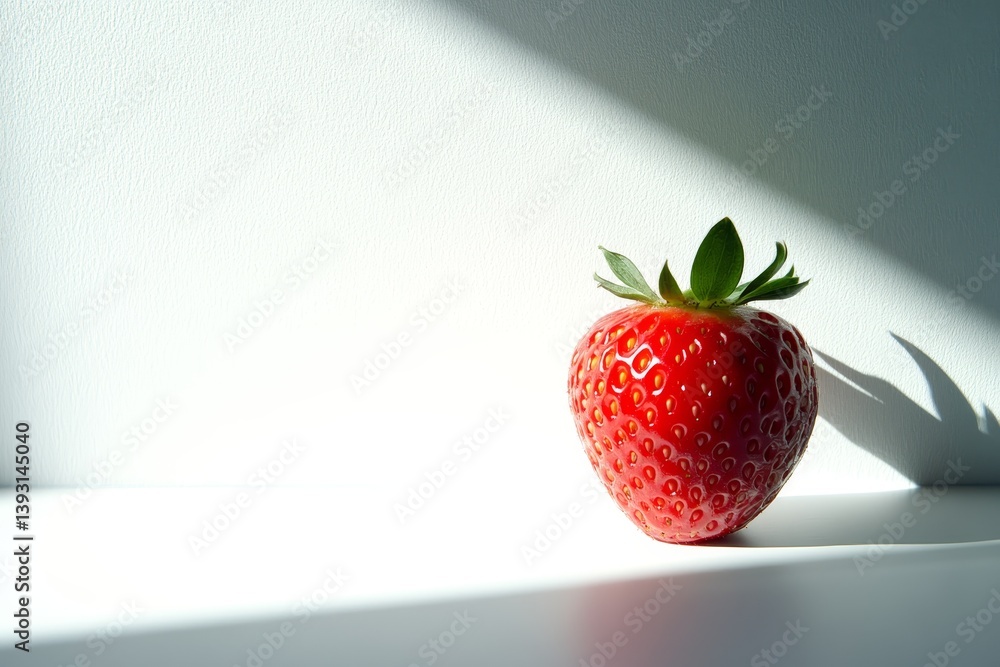 Close up of a single strawberry casting a dramatic shadow