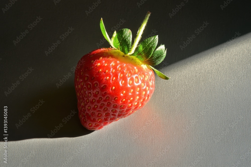 Close up of a single strawberry casting a dramatic shadow