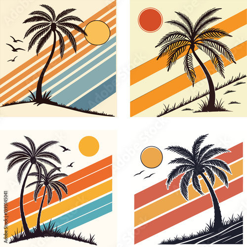 A palm tree silhouette on retro stripes with a sun background