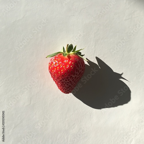 Close up of a single strawberry casting a dramatic shadow