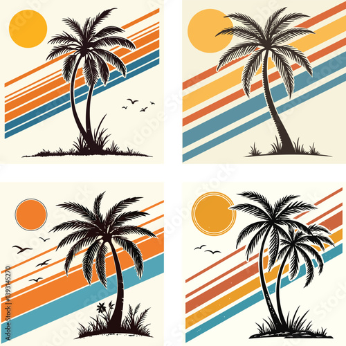 A palm tree silhouette on retro stripes with a sun background