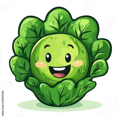 Happy cartoon lettuce character smiling among vibrant leaves in a playful illustration