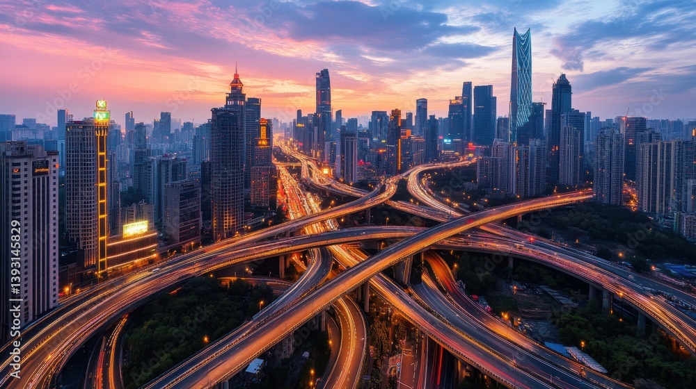 Fototapeta premium A sprawling cityscape with a complex network of illuminated highway overpasses at dusk. Modern architecture meets vibrant light trails