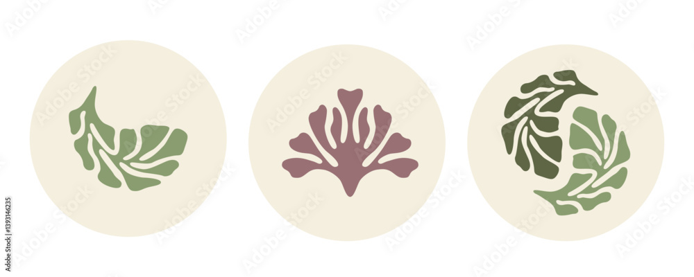 Fototapeta premium Abstract botanical compositions with flower and leaves on round background. Vector hand drawn art for social media, decals, prints, posters, home decor