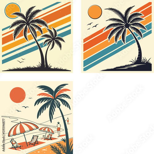 A palm tree silhouette on retro stripes with a sun background