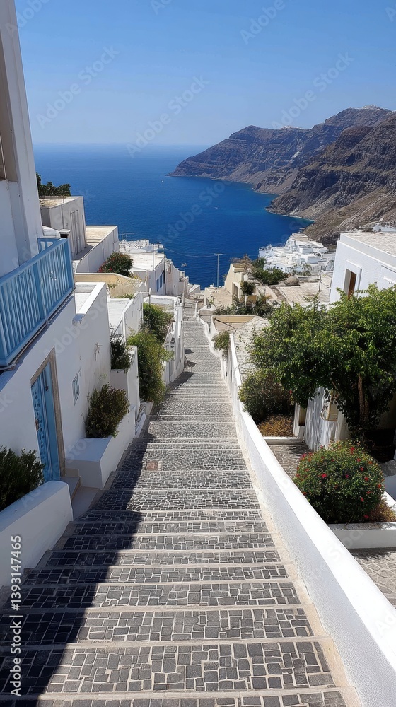 Fototapeta premium A maze of narrow, winding streets between whitewashed houses, leading to a stunning caldera view - historical cobblestone houses