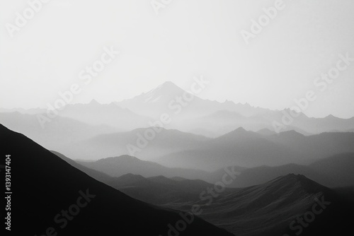 Mountain Range at Dusk With Misty Layers and Dramatic Shadows Enhancing the L...