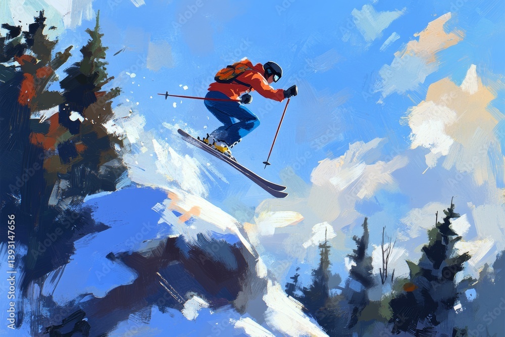 skier jumping in snowy mountains on slope with skis and professional equipment on sunny day