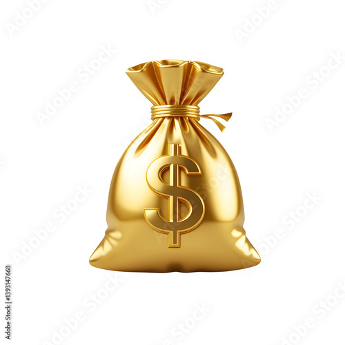 Gold bag of money with dollar sign and ribbon decoration, symbolizing wealth and Christmas holiday celebration