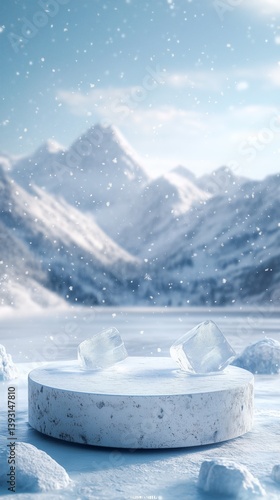 Snowy Mountain Landscape With Ice Blocks on Round Platform Near Frozen Lake a...