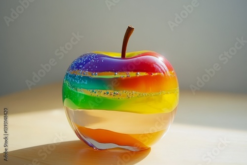 Transparent apple filled with colorful liquid and tiny bubbles inside
