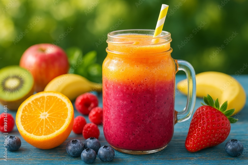 Refreshing Fruit Smoothie in a Mason Jar With Colorful Fruits on a Wooden Table Refreshing Fruit Smoothie in a Mason Jar With Colorful Fruits on a Wooden Table