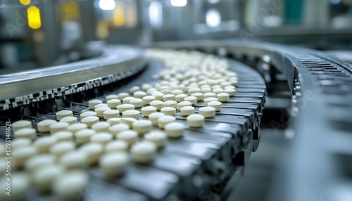 Production line with multiple white pills moving along a conveyor belt