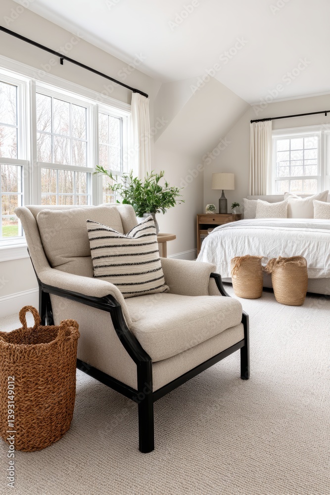 Fototapeta premium Bright and airy bedroom with a minimalist aesthetic, featuring a clean white color palette and stylish furniture - neutral calm organized simplicity