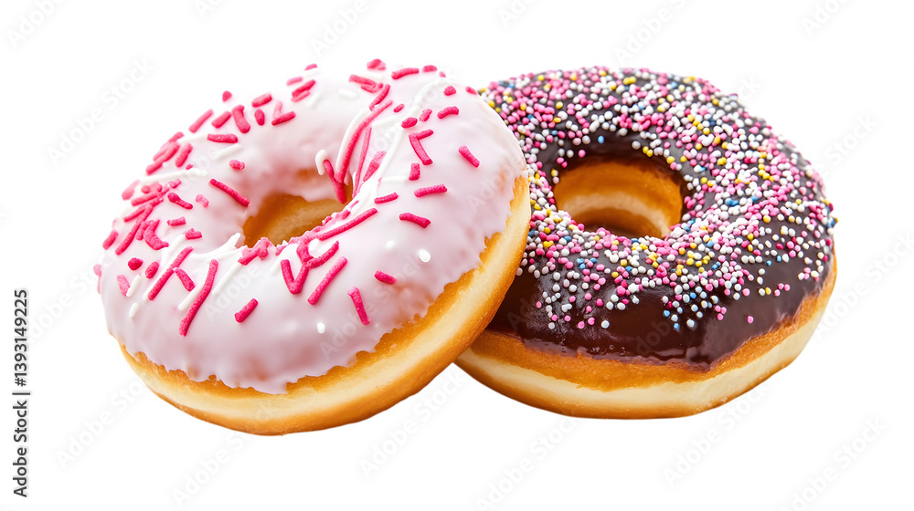 Tasty two donuts with topping isolated on white background Tasty two donuts with topping isolated on white background