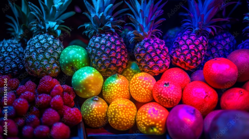 Tropical fruits under ultraviolet light, creating a fluorescent glow