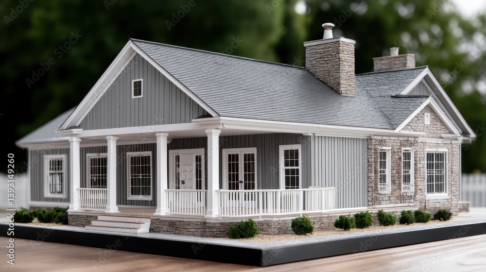 Classic gray ranch house model, positioned on a green base - traditional scale roof Classic gray ranch house model, positioned on a green base - traditional scale roof