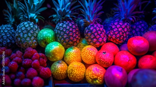 Tropical fruits under ultraviolet light, creating a fluorescent glow