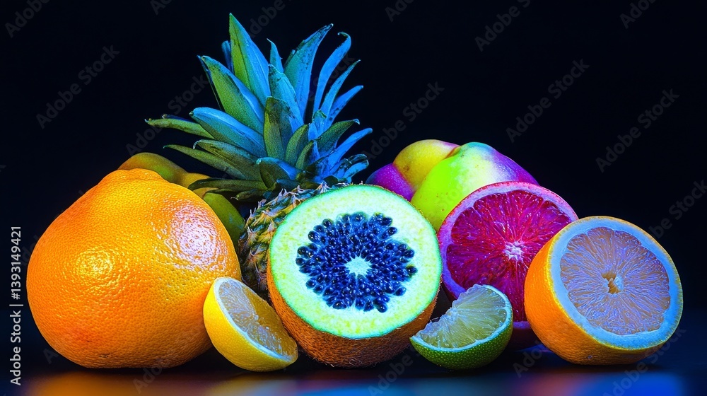Tropical fruits under ultraviolet light, creating a fluorescent glow