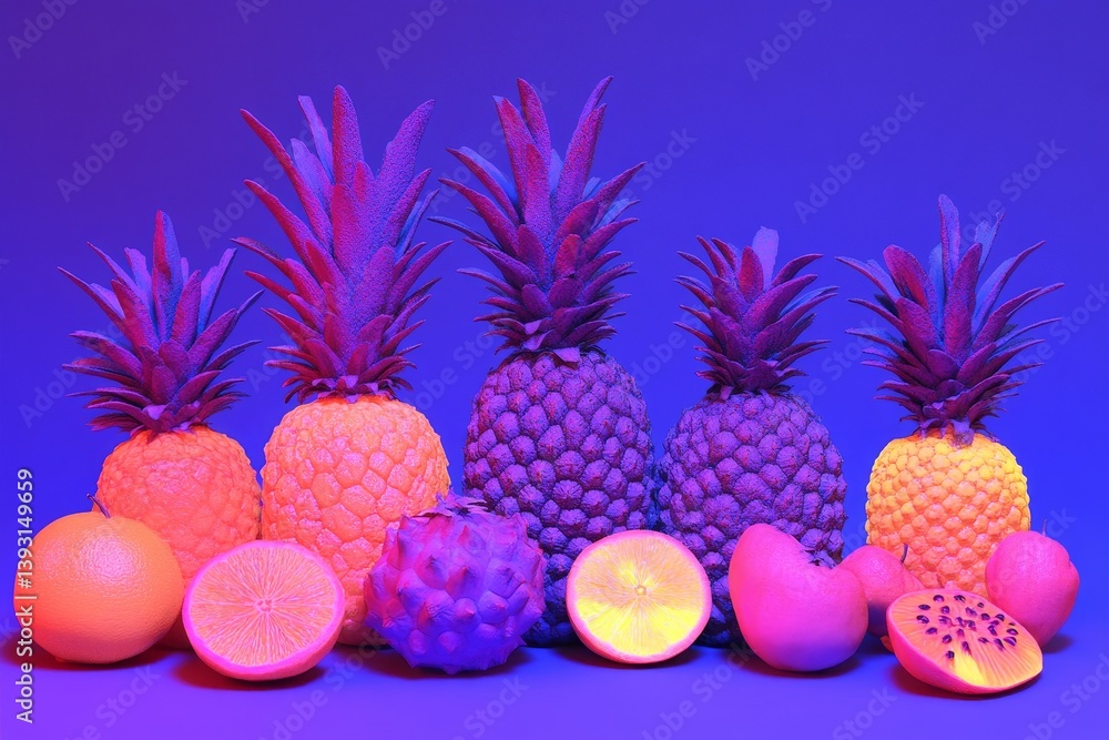 Tropical fruits under ultraviolet light, creating a fluorescent glow