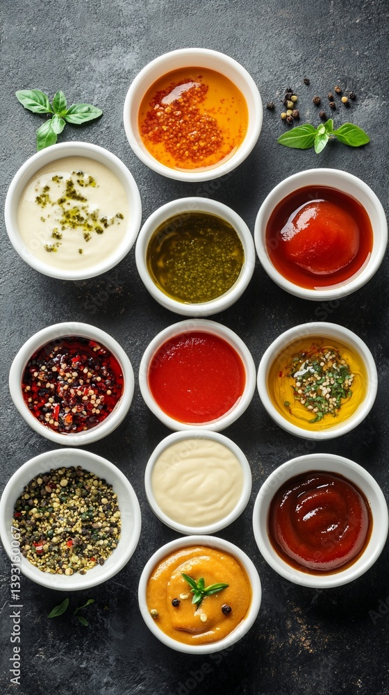 Culinary canvas of vibrant sauces and spices: a gourmet palette of colorful condiments arranged in white ceramic bowls on a dark textured background Culinary canvas of vibrant sauces and spices: a gourmet palette of colorful condiments arranged in white ceramic bowls on a dark textured background