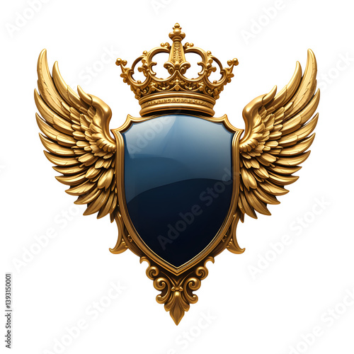 Golden coat of arms with wings and crown, vintage heraldic emblem with shield, banner, and ribbon design