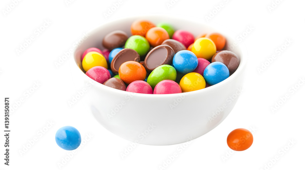 White bowl with colorful candy-coated chocolates isolated on white background White bowl with colorful candy-coated chocolates isolated on white background