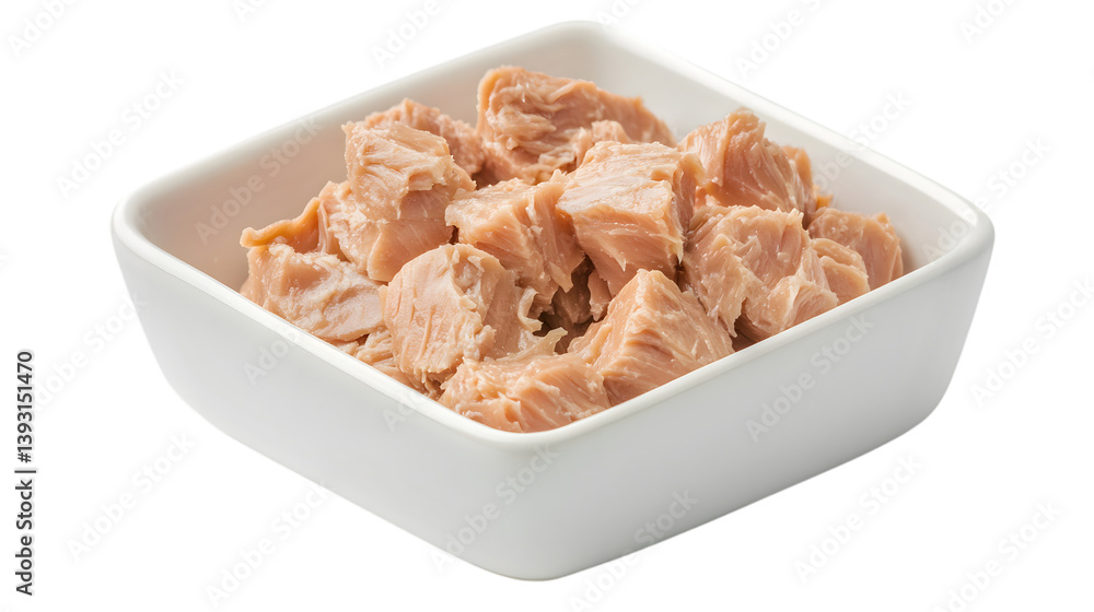 White square dish with canned tuna isolated on white background White square dish with canned tuna isolated on white background