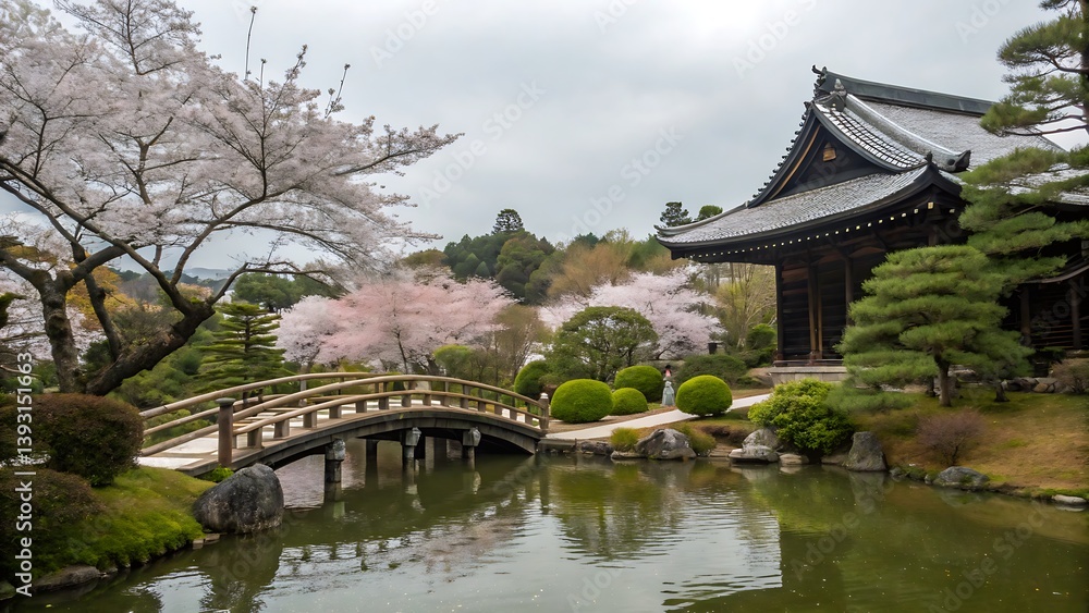 Fototapeta premium Japanese garden temple cherry blossoms bridge pond serene landscape tranquil scene beautiful nature