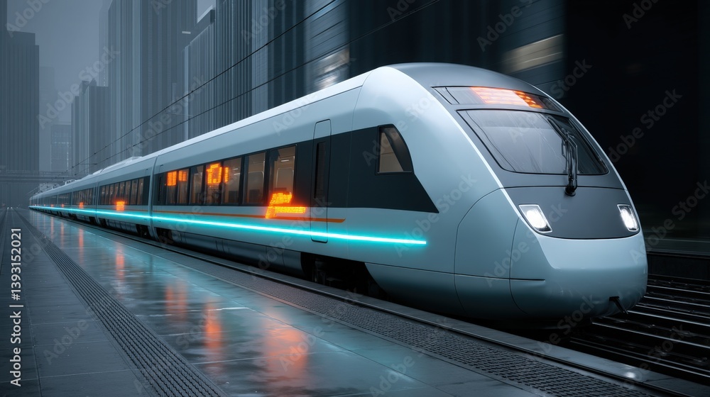 Fototapeta premium Great depression, A sleek, modern train glides through a futuristic urban landscape, illuminated by ambient lighting, showcasing advanced transportation technology.
