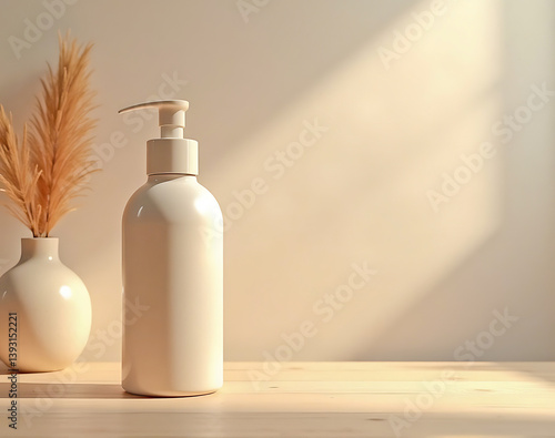 Blank packaging template. A bottle with a dispenser in a minimalist setting. Perfect for showcasing beauty products