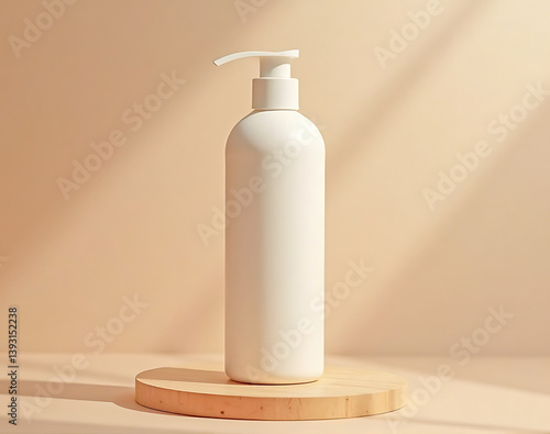 Blank packaging template. A bottle with a dispenser in a minimalist setting. Perfect for showcasing beauty products