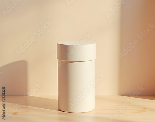 Blank packaging template. A chic cylindrical box in a tranquil setting. This unique packaging design is perfect for beauty product presentations.