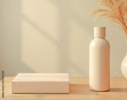 Blank packaging template. A sleek bottle with a cap in a serene setting. This minimalist design is perfect for beauty product presentations.