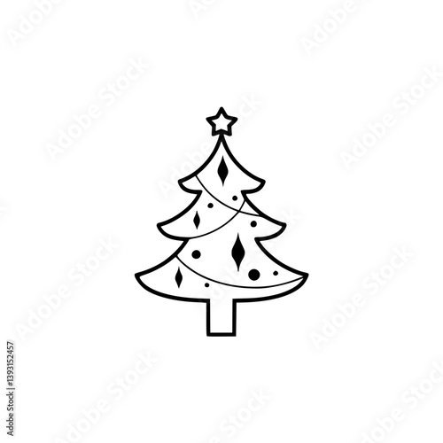 Minimalist Christmas Tree Icon with Ornaments & Star - Black & White