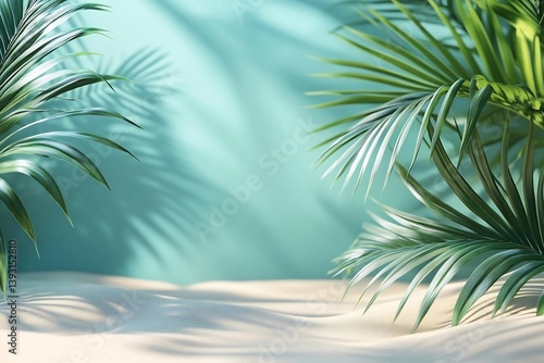 Tropical Beach Scene Palm Fronds Casting Shadows on White Sand Turquoise Background Vacation Getaway Paradise Island : Generative AI
