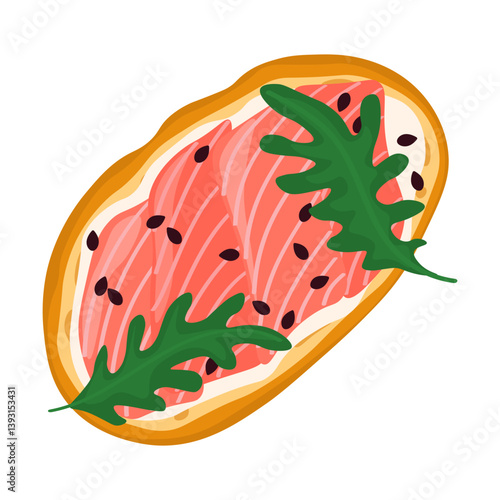 Hand drawn bruschetta with salmon, cream cheese, black sesame and arugula isolated on white background